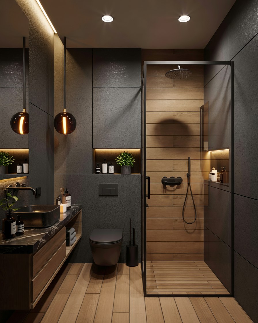 Modern Luxury Bathroom Design with Dark Tile and Wood Accents