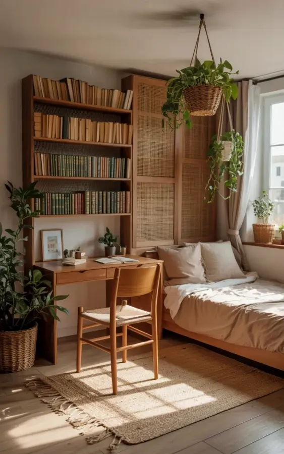 Budget Bedroom and Study Combo: Bookshelf, Desk, and Hanging Plants