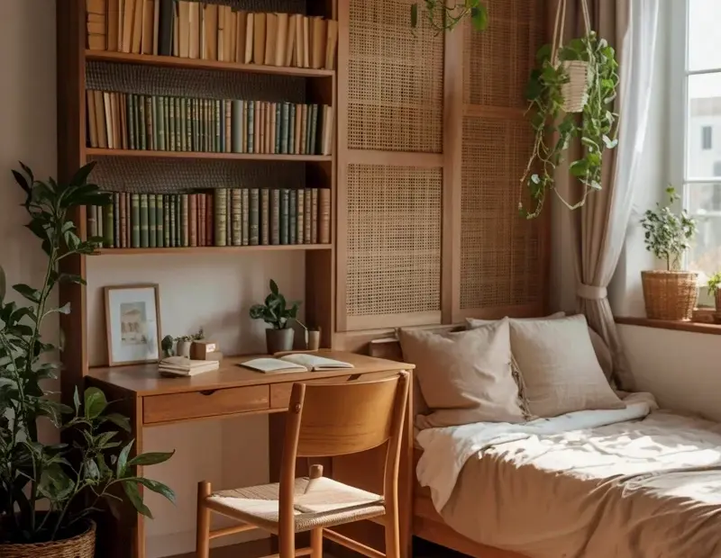 Budget Bedroom and Study Combo: Bookshelf, Desk, and Hanging Plants