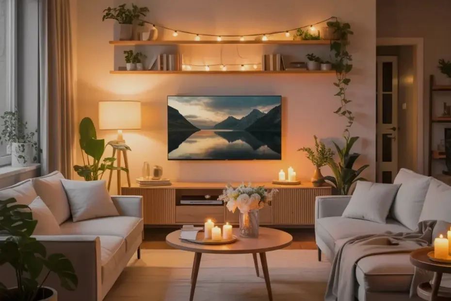 Warm LED lighting and soft textiles for a cocooning living room vibe