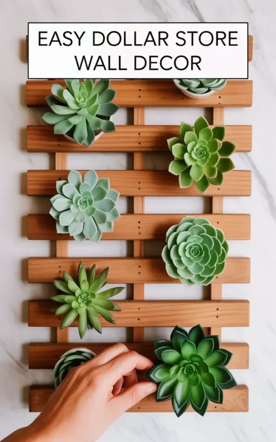 Easy dollar store wall decor with wood slat succulent tiles | DIY under $15