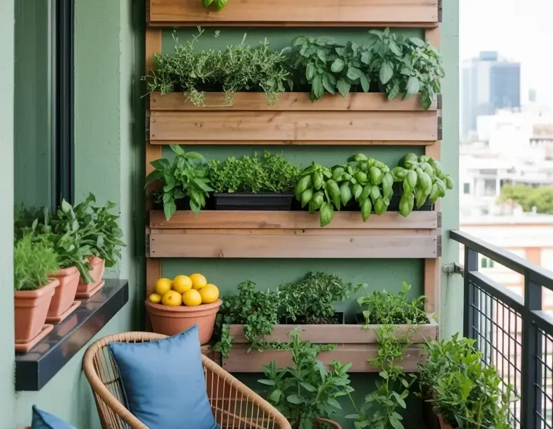 Vertical Balcony Garden with Wooden Planter: Tomatoes & Herbs in a Tiny Space