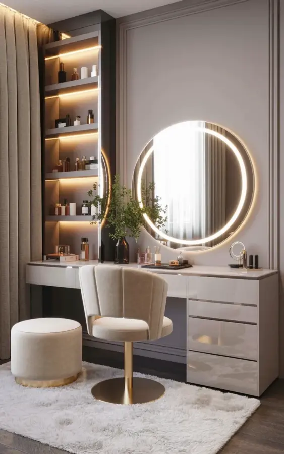 Budget Vanity Area Decor Ideas with LED Mirror and Velvet Chair