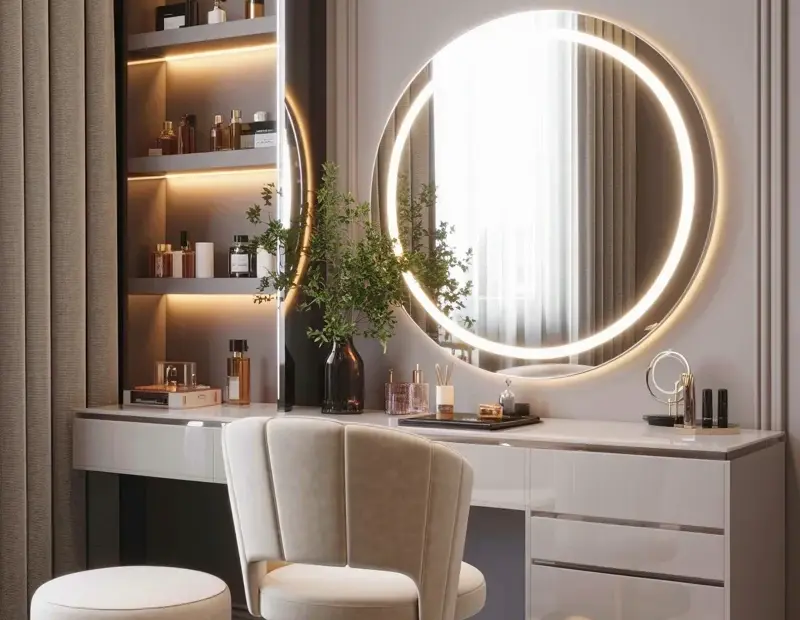 Budget Vanity Area Decor Ideas with LED Mirror and Velvet Chair