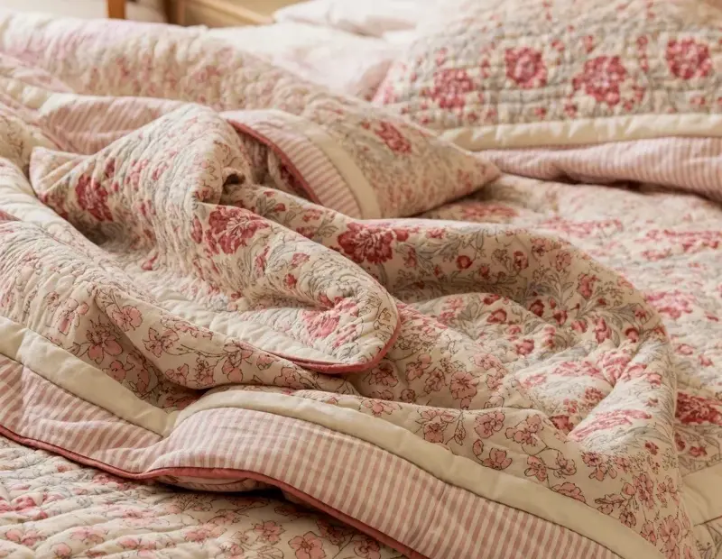 Floral Quilted Bedding Set in Soft Pink and Beige - Cottage Bedroom Decor
